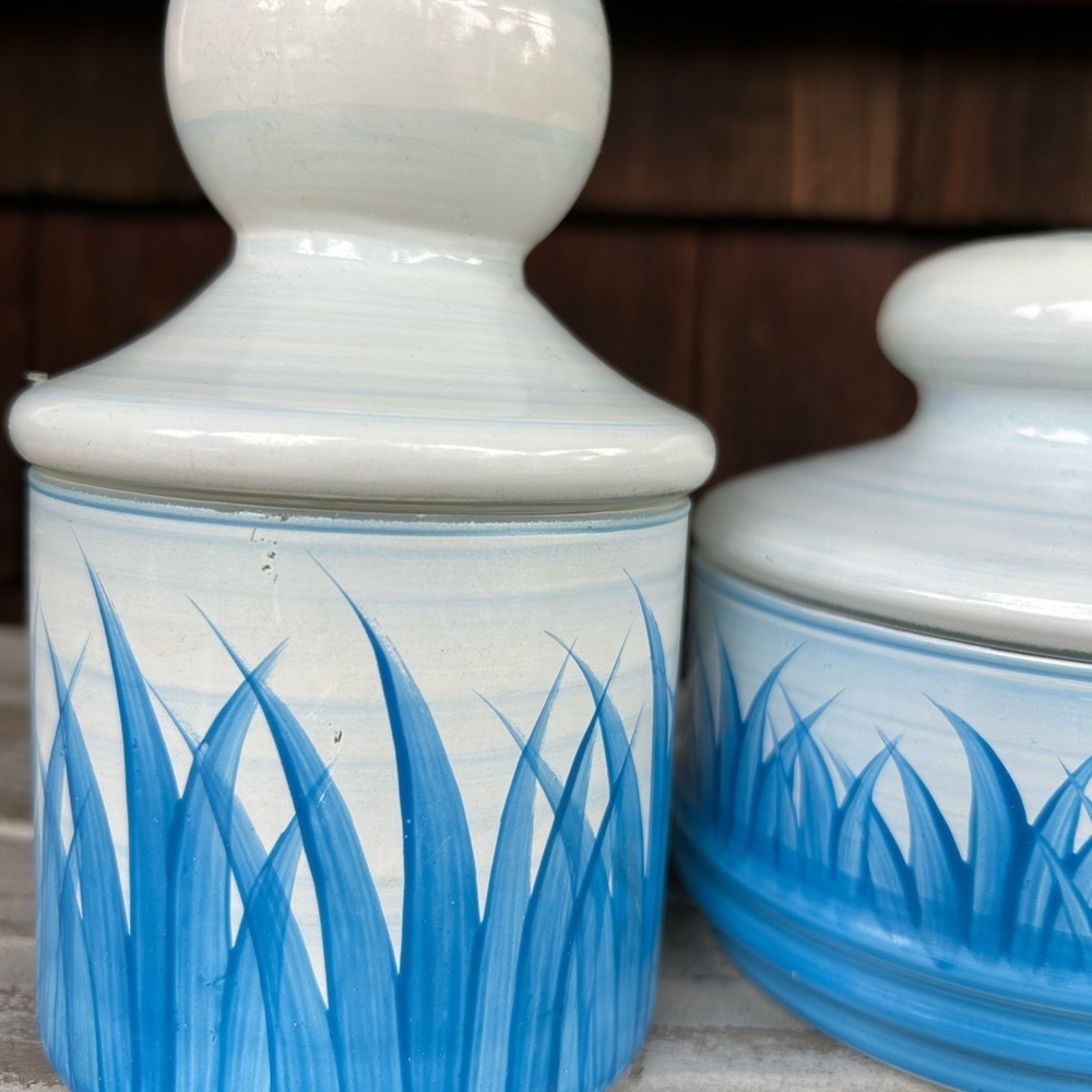 Vintage Blue and White Hand Painted Lidded Glass Jars with Coastal Motiff - Picture 6 of 8